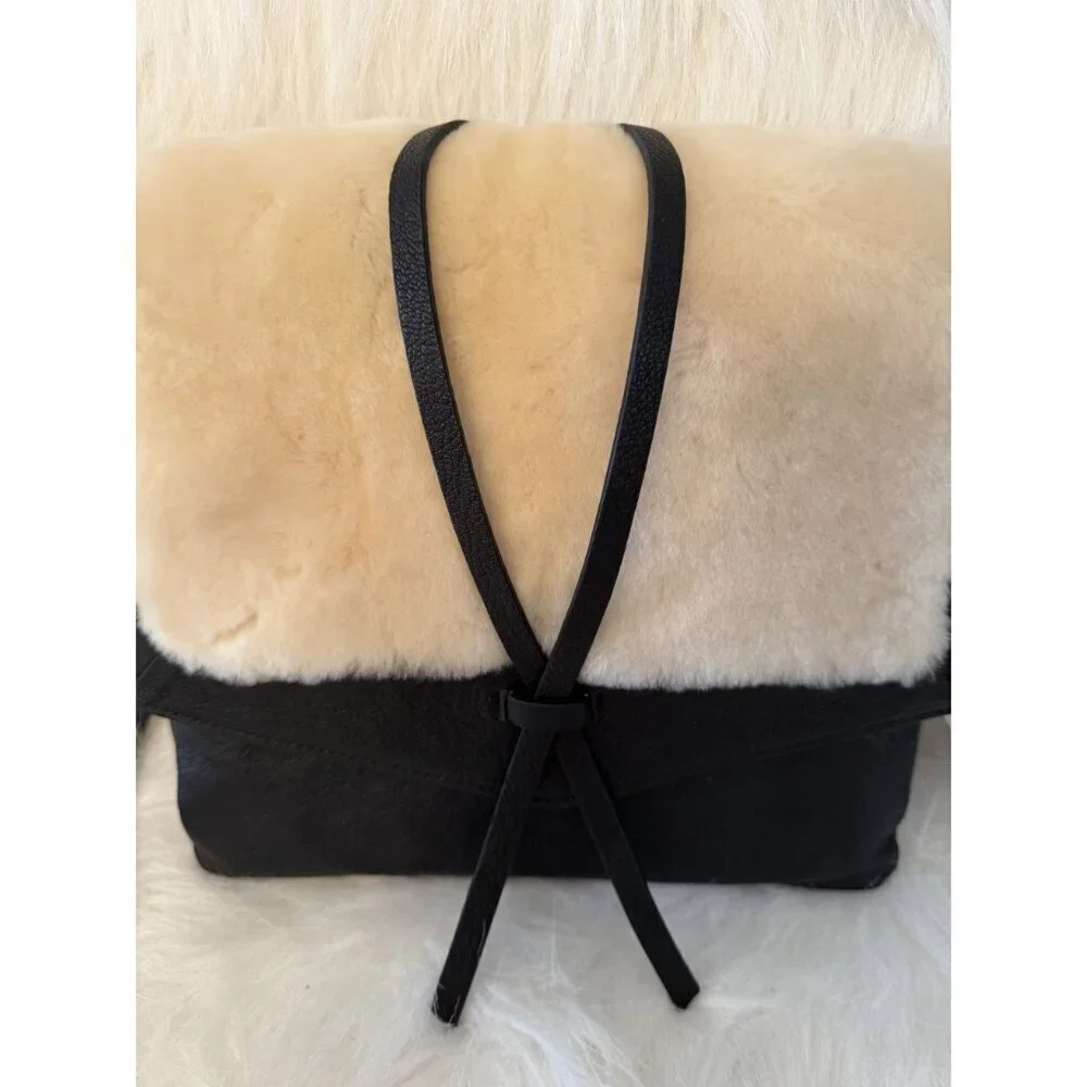 Kooba Yukon Medium Leather & Shearling Crossbody Black Ivory